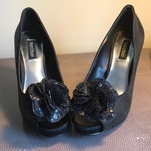 Black Sequin Open Toe Pumps